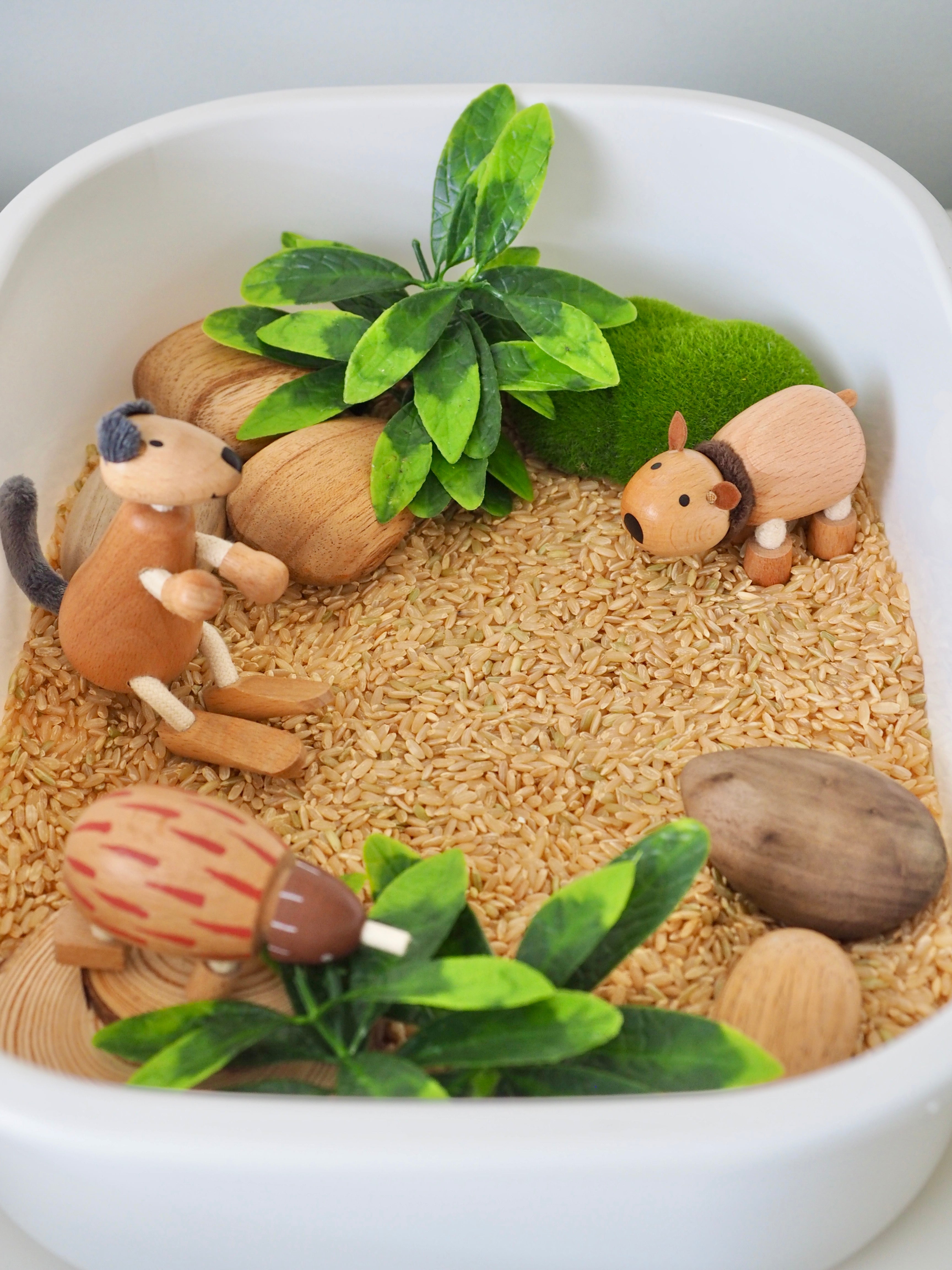 Miniature diorama with wooden animals and plants in a bowl.